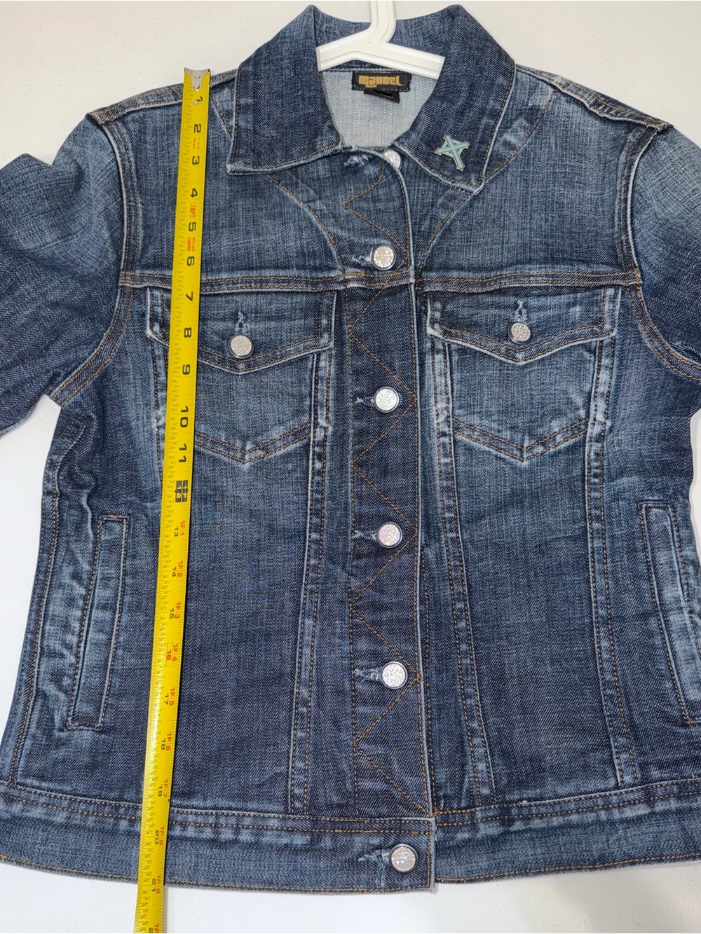 Manuel Denim Jacket Women’s Sz Small Rhinestone Buttons Cross Detail Made in USA - Picture 11 of 16